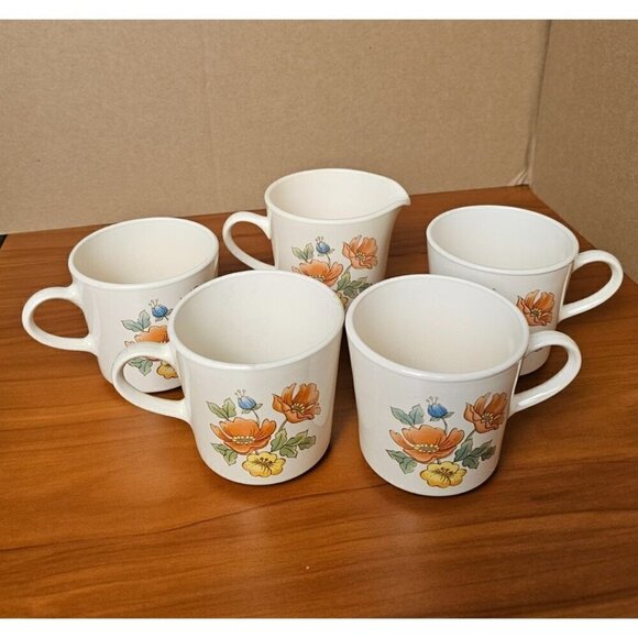 Vintage Corning Cornerstone 4 Mugs & Creamer Set. Royal Garden Pattern 70's Vibe - Picture 2 of 6